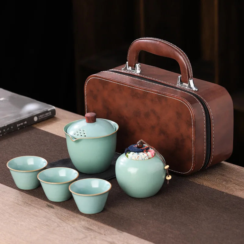 Ru Kiln Travel Tea Set Kuaike Cup Outdoor Portable Kung Fu Tea Set Business Souvenir Gift Set  Ceramic  Teaware Sets