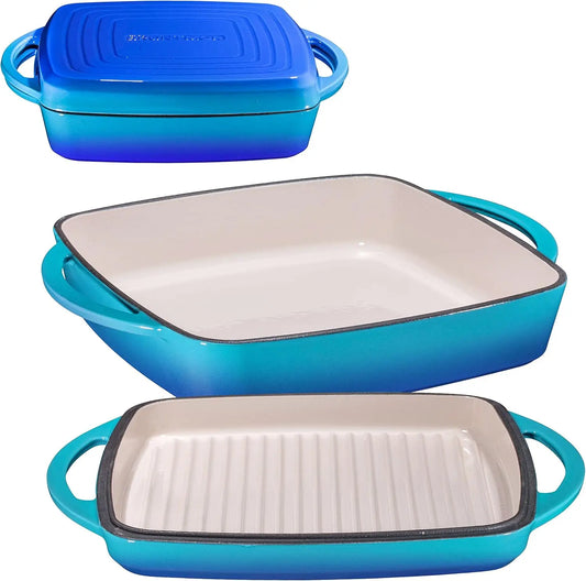 2-in-1 Pre-Seasoned Square Cast Iron Dutch Oven with Dual Handles, Non Stick Pan with Grill, All-in-One Cookware Set, Cast Iron
