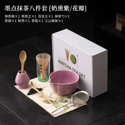 Ink Dot Romantic Pink Purple 8pcs Matcha Kits Tea Set Ceramic Bowl Glass Cup Bamboo Whisk Stand Chasen Matcha Tea Gift Box Home