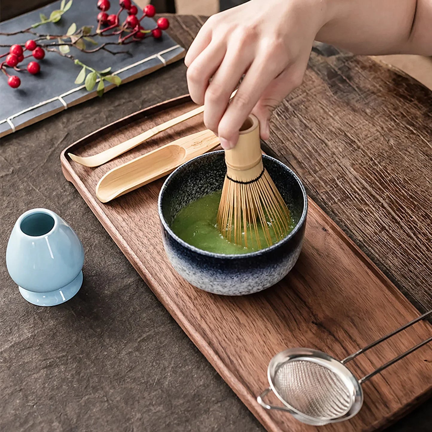 6PCS Tea Whisk Brush Set Bamboo Matcha Whisk Scoop a Holder Matcha Bowl s sítkem japonským příslušenstvím obřadu