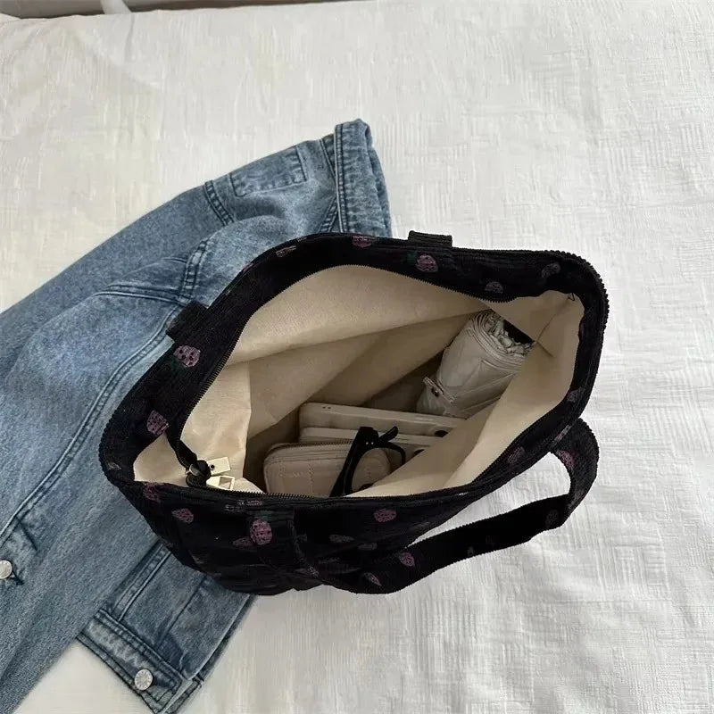 Corduroy Handbag Strawberries Beach Bag Fashionable Versatile Shoulder Bag LargeCapacity Simple Commuter Women's Tote Bag Bolsos