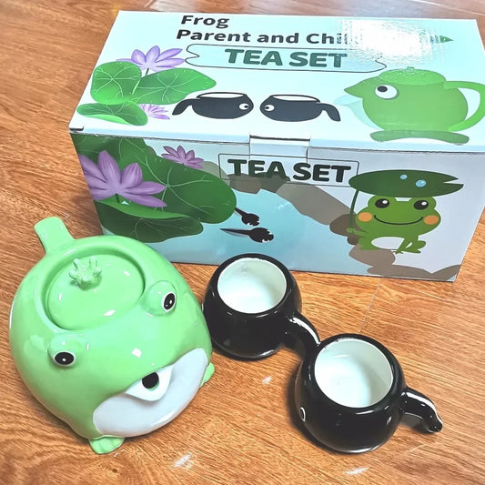 Green Frog Black Tadpole Shaped Japanese Style Teawear Set Creative Porcelain Cute Ceramic Teapot and 2 Tea Cups Sets for Kids