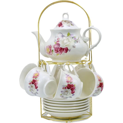 20-piece Bone China Tea Set, Gold Coffee Set, Gold Metal Rack, Home and Party Tea Gift Set (010)