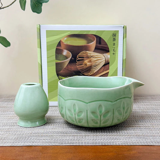 2 Pcs Matcha Set Matcha Whisk Set with Carved Ceramic Matcha Bowl & Carved Matcha Whisk Stand Japanese Tea Ceremony Gift Box