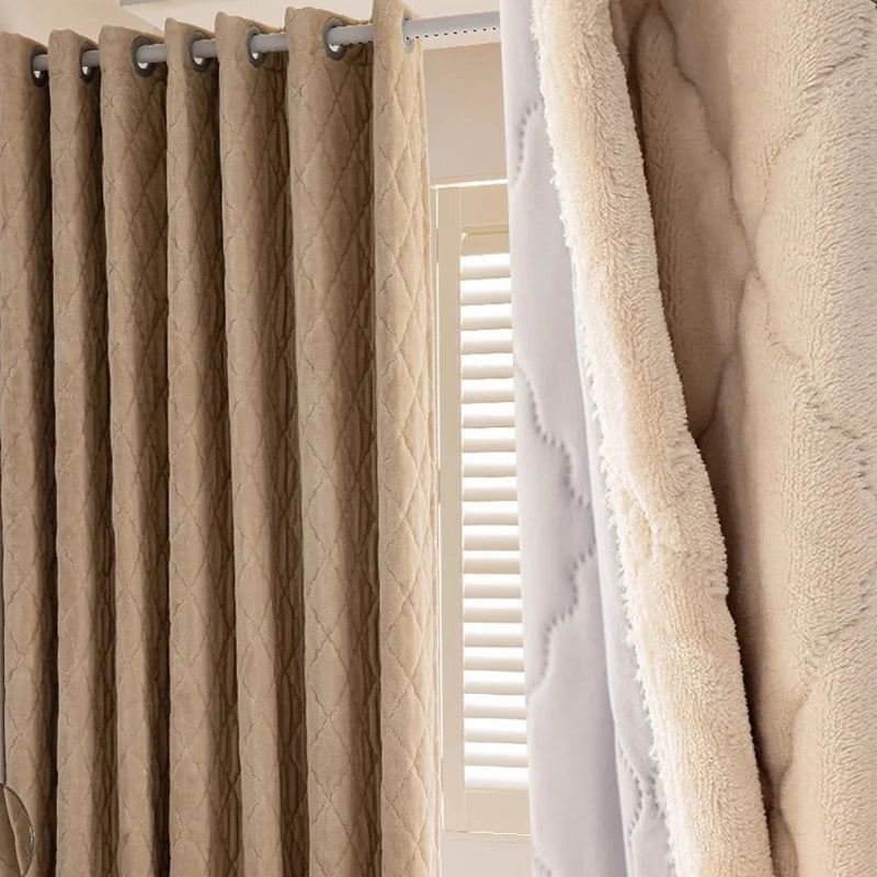 1pc Diamond-patterned warm-colored cold-proof and thermal curtain with light luxury French style - A must-have item for bedrooms