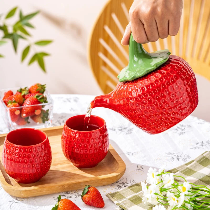 European Red Strawberry Teapot Set Ceramic Breakfast Milk Mug Exquisite Afternoon Tea Set Kettle with Gift Box Birthday Gifts