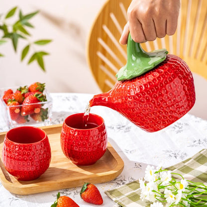 European Red Strawberry Teapot Set Ceramic Breakfast Milk Mug Exquisite Afternoon Tea Set Kettle with Gift Box Birthday Gifts
