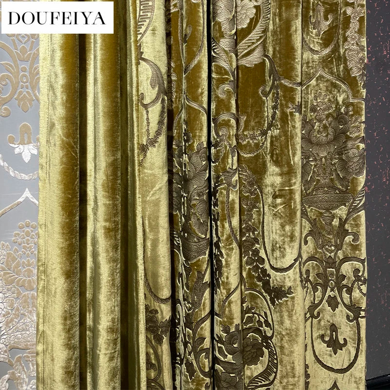 Silk Velvet Foil Stamping Luxury Gold Blackout Curtains for Living Room Bedroom Dining Nature Vertically Custom Size White Tulle