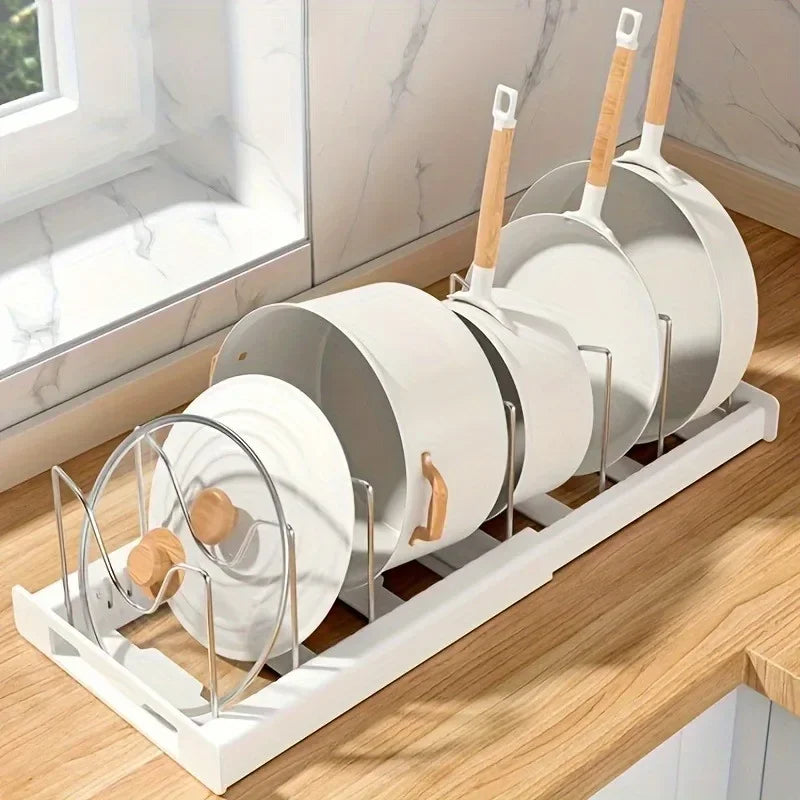 Expandable Kitchen Cabinet Pot Organizer Rack Multi-purpose Adjustable Divider Pans Frying Pan Holder Bowl Shelf