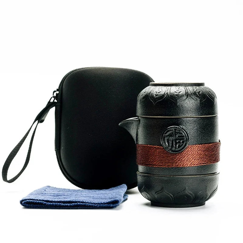 Travel Tea Set Black Pottery Portable Teaware Incule 1pcs Teapot 2pcs 1Bag Gaiwan Cups Coffeeware Teaware Green Cup Sets