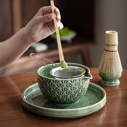 Japanese Matcha Set 2/5/6 Pieces - Green Pattern Tea Bowl, Bamboo Stirrer, Spoon & Filter - Traditional Japanese Tea Ceremony
