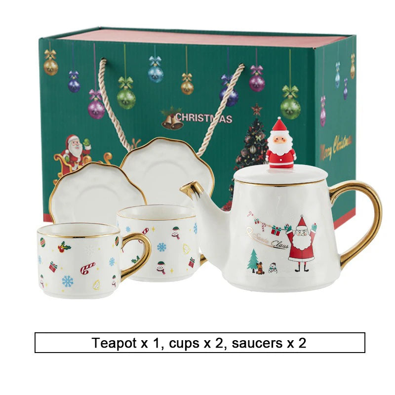 Christmas Ceramics Teaware Sets Coffee Cup & Saucer Santa Claus Elk Snowman Tea Pot and Cup Set Drinkware Xmas Gift 1 Pot 2 Cups