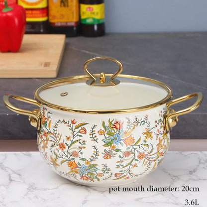 Enamel Soup Pot Retro Flower Bird Binaural Large Capacity Stew Pot with Lid Home Enamel Utensils for Kitchen Delicate Cookware