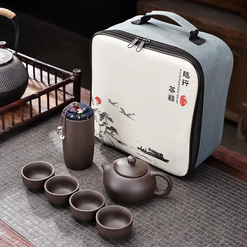 Purple Clay Travel Tea Set Outdoor Portable Kung Fu Tea Set Teas Infuser Teapot Teacup Filter Teas Brewing Utensils Teaware Sets
