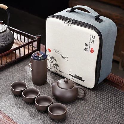Purple Clay Travel Tea Set Outdoor Portable Kung Fu Tea Set Teas Infuser Teapot Teacup Filter Teas Brewing Utensils Teaware Sets