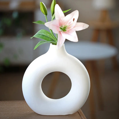 1pc, White/Beige Ceramic Vase Vases For Decor, Modern Home Decor Vase, Boho Vases For Decor, Circle Vase, Round Vase, Donut Vas