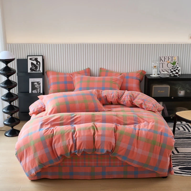 Pure Cotton Japanese Style Duvet Cover With Plaid Print  King Four Seasons Universal Bedding Cover Comfortable and Skin-friendly