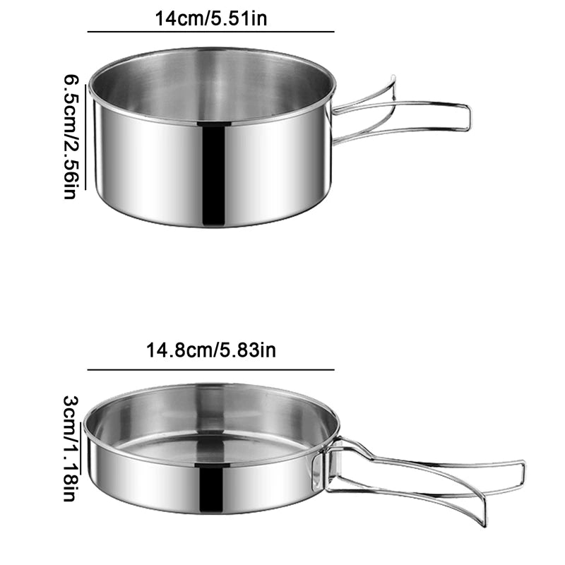 2PCS/SET Cookware Set Stainless Steel Cookware Kit Cooking Pot and Pan Set with Plates Cups for Outdoor Camping Backpacking