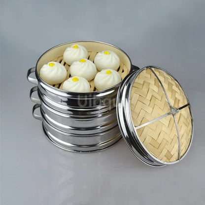 Rustfritt stål kokekar Bambus dampbus Bambus Damper Ris Snack Basket Sett Dumpling Damper Kitchen Cooking Tools