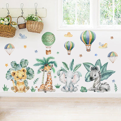 Cartoon Dschungeltiere Blätter Aquarell Vinyl Wandaufkleber für Kinderzimmer Baby Kinderzimmer Dekoration Elefant Giraffe Aufkleber