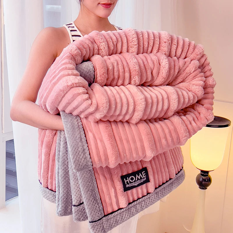 Imitation Rabbit Plush Striped Autumn Winter Warm Blankets Soft Fluffy Warmth Sofa Blankets for Throw Napping shawl blanket leg