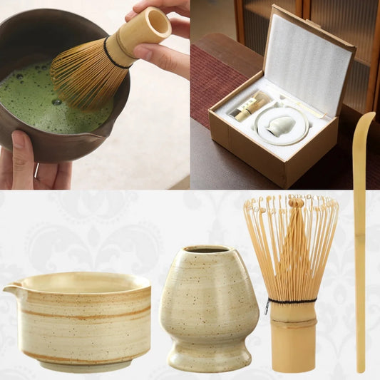 4pcs Japanesch Matcha Ta Ta Ta Teach enthält Match Schossel mat Spull a Bambus Match-Whisk steiwe Chase Halsport Teaspon Set