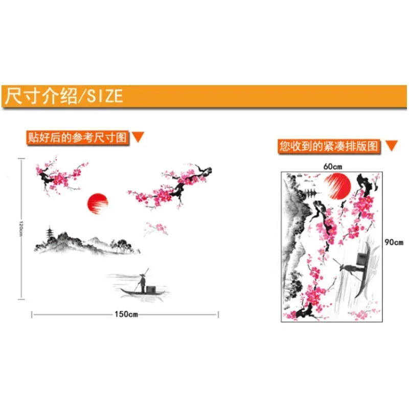 Kínai stílusú sakura japán rózsaszín cseresznyevirág fa dekoráció falfestmény matricák falmatrica plakát háttérkép dekoráció.