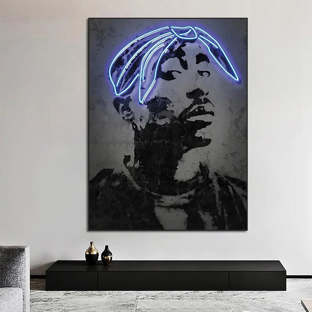 Abstract Rapper Wall Art Home Decor Poster Neon Effect Hip Hop Artist 2Pac Canvas Paint Bedroom Decoration Mural Picture Print