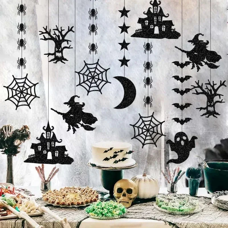 6pcs Halloween Banner pendurado Garland Scary Spider Witch Ghost Bat Ornament Happy Halloween Party Decorações para casa