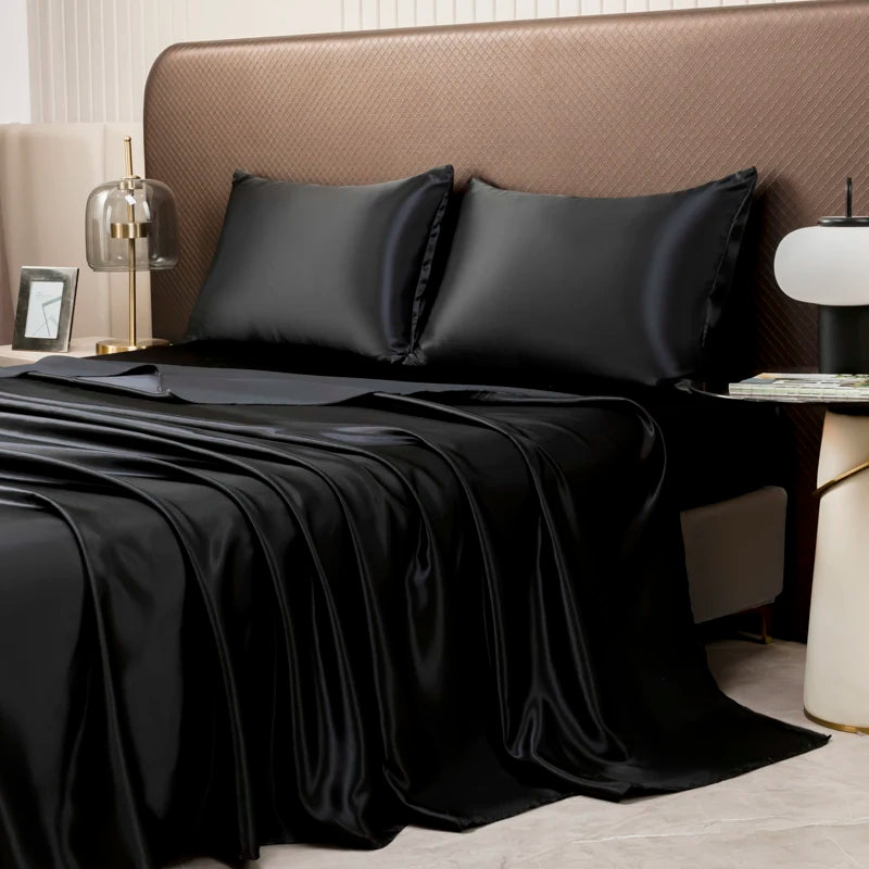 Satin Bed Sheet Sets for Summer Silky Smoooth Top Sheet with Pillowcase Single/Queen/King Ice Cooling Flat Bed Sheet Sets