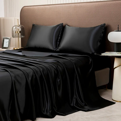 Satin Bed Sheet Sets for Summer Silky Smoooth Top Sheet with Pillowcase Single/Queen/King Ice Cooling Flat Bed Sheet Sets
