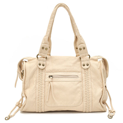 Vintage gewaschenes PU-Leder, große Kapazität, Reißverschlusstaschen, Zopfdekor, Schulter-Umhängetasche, Unisex, Damen, tägliche Reisehandtasche
