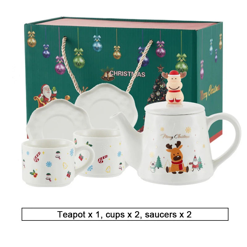 Christmas Ceramics Teaware Sets Coffee Cup & Saucer Santa Claus Elk Snowman Tea Pot and Cup Set Drinkware Xmas Gift 1 Pot 2 Cups