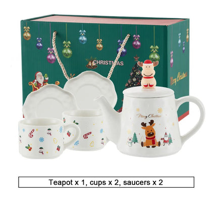 Christmas Ceramics Teaware Sets Coffee Cup & Saucer Santa Claus Elk Snowman Tea Pot and Cup Set Drinkware Xmas Gift 1 Pot 2 Cups