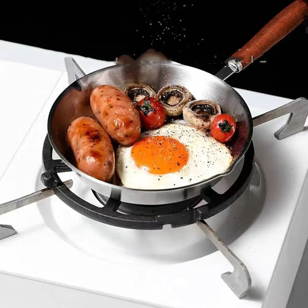 Oven Safe 304 Stainless Steel Frying Pan Wooden Handle Flat Bottom Open Skillet Nonstick 12/16cm Omelette Pan Kitchen Cookware