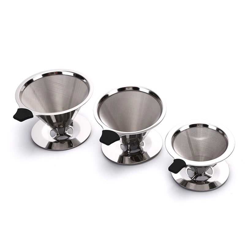 1Pcs Stainless Steel Reusable Coffee Filter Holder Pour Over Mesh Tea Dripper Cup With Base