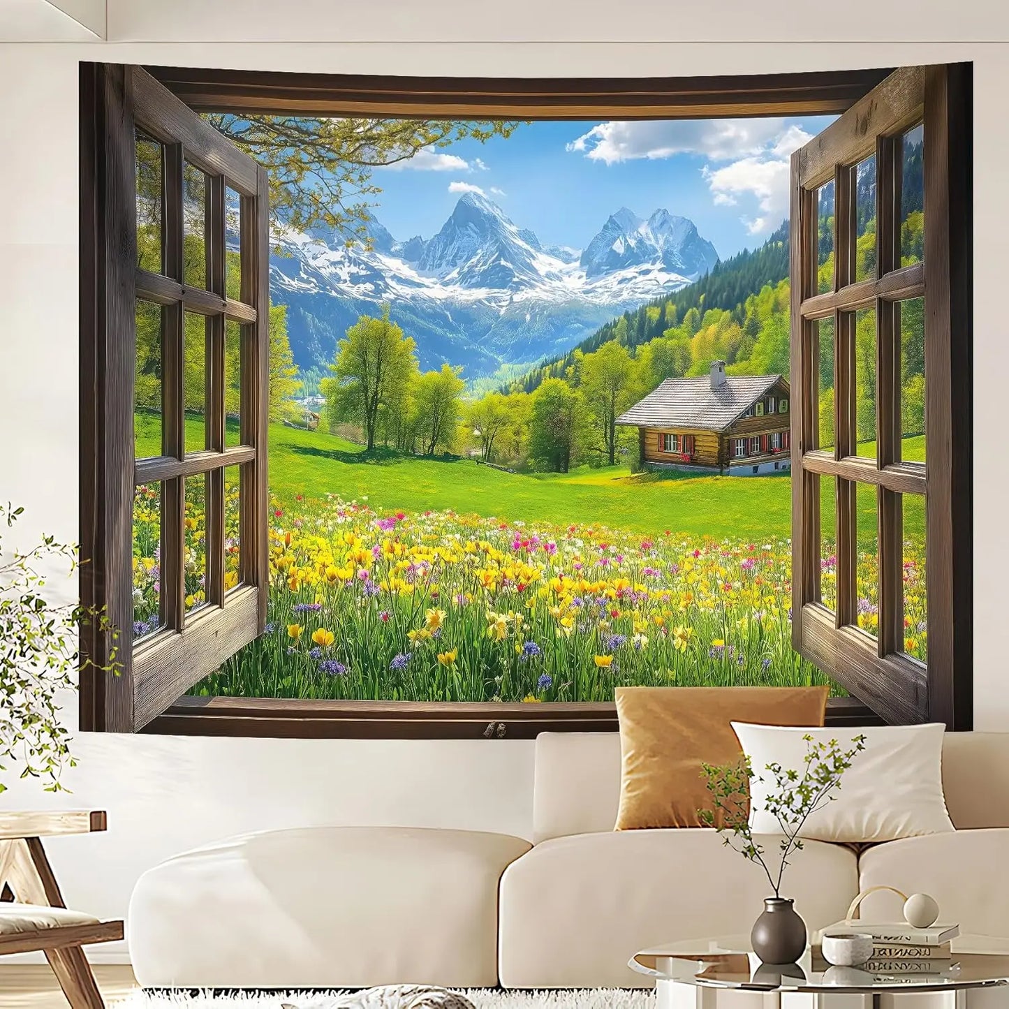 Window Tapestry, Outdoor Forest Tapestry Wall Hanging Natural Landscape Wall Mural for Bedroom Living Room Wall Art Home Decor