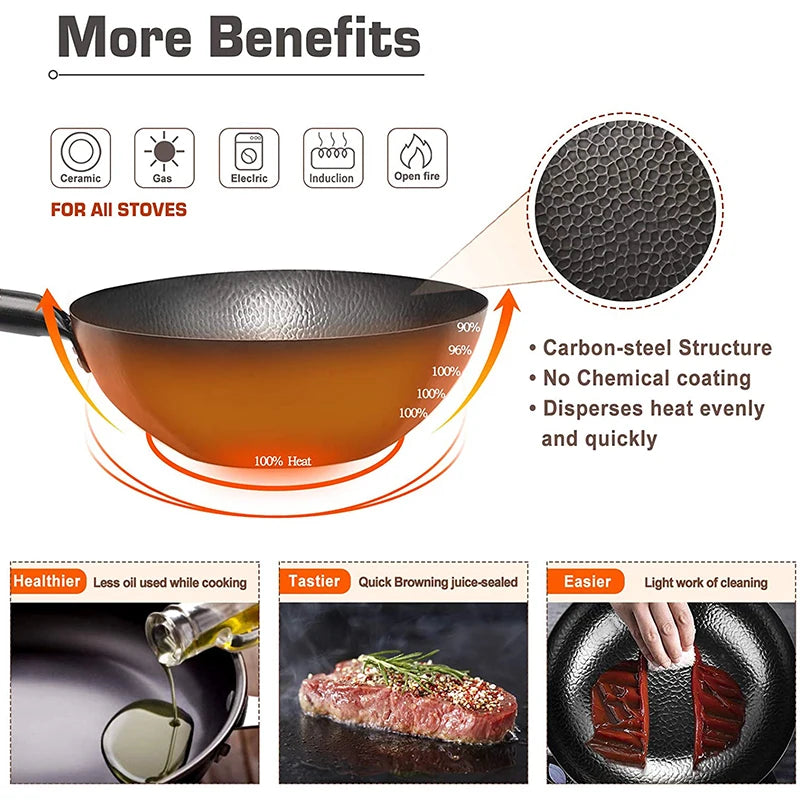 Iron Wok Traditional 12.5" Carbon Steel Wok Non-stick Pan Woks and Stir Fry Pans with lid Kitchen Cookwar for All Stoves