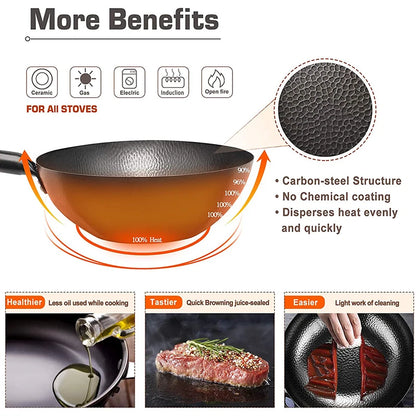 Iron Wok traditionnel 12,5 "en acier en carbone wok Pan antiadhésive Woks et casseroles à sauter avec une guerre de cuisine de cuisine de couvercle pour tous les poêles