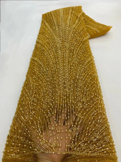 High Quality African Gold Handmade Beaded Lace Fabirc 2025 Sewing sequins Embroidery Nigreian Lace Fabric Women Wedding Dress