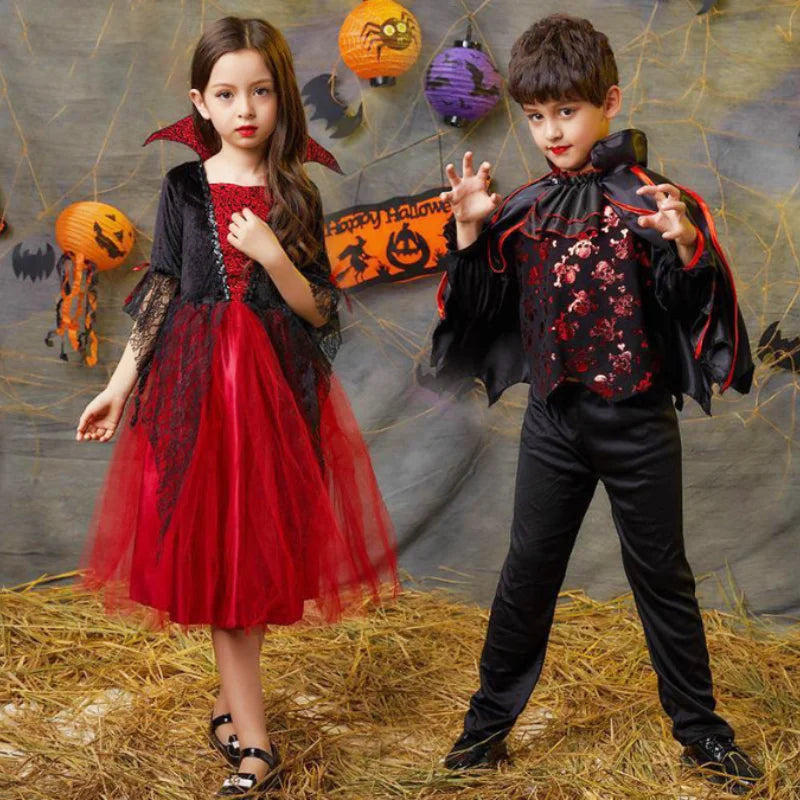 2024 Girls Cosplay Vampire Halloween Dress for Kids Ghost Bride Gothic Costume Count Vampiran Carnival Outfit Black Red Clothes