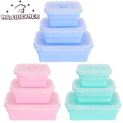 Silikon folding bento box 3 stk/sett sammenleggbar bærbar lunsjboks for mat servise mat container skål lunsjboks servise