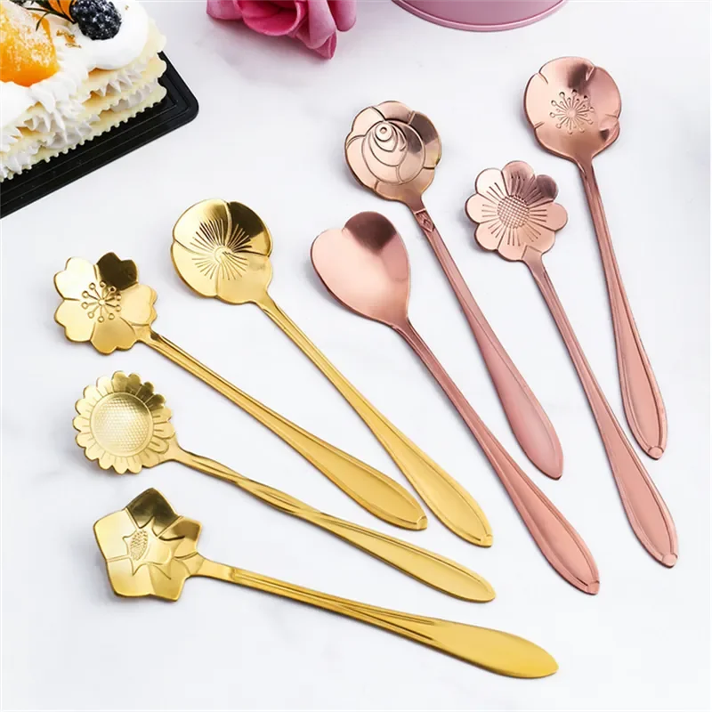 8 -stks roestvrijstalen kersen rozenbloem goud schep koffielepel geschenken keukendessert thee -accessoires service decoratie set