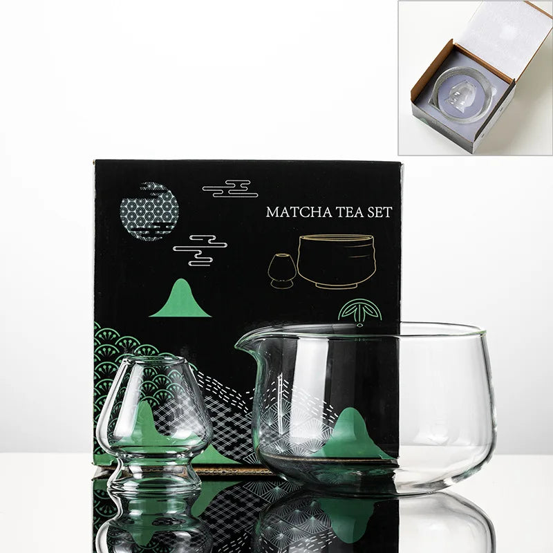 New Textured Matcha Bowl Glass Reusable Japanese Tea Set with Pouring Spout Matcha Making Kit Tea Lovers