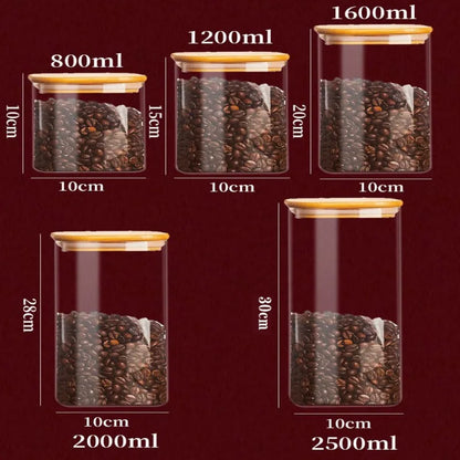 Bocs de rangement en verre carré avec couvercle en bambou pour grains de café nouilles nouilles de rangement alimentaire Conteneurs de cuisine