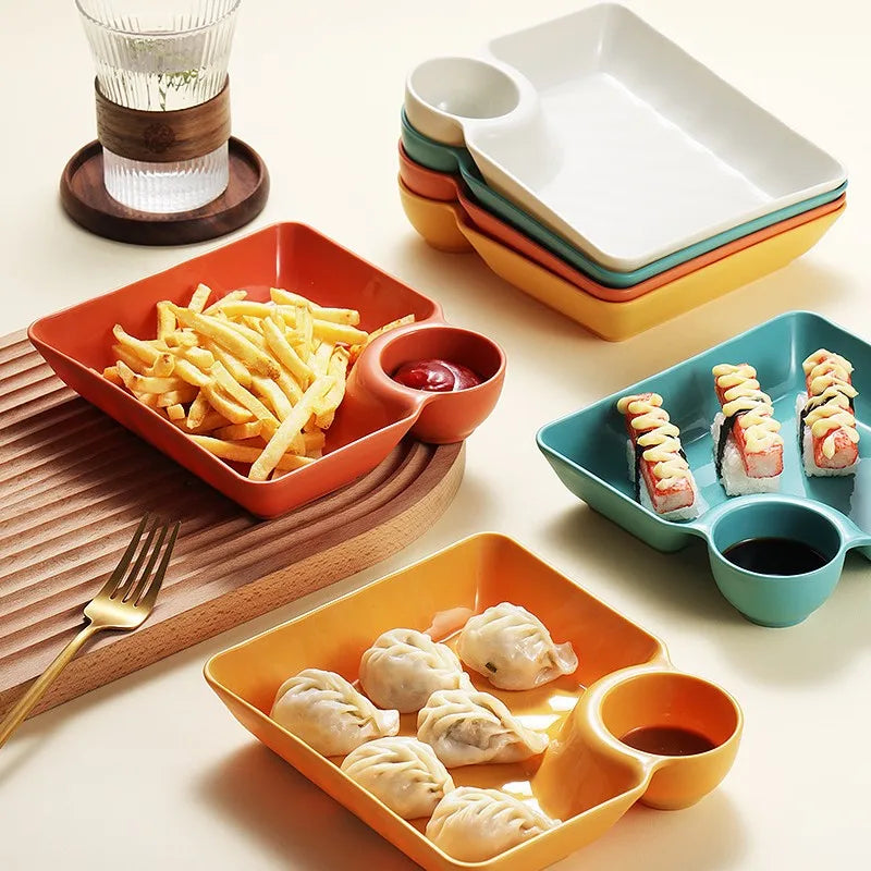 Nei 2 / 1PC Quadrat Dumpling Teller mat Esseg Space Snack Teppech Creative threate thread Tabeware Chrëschtdaggeschware