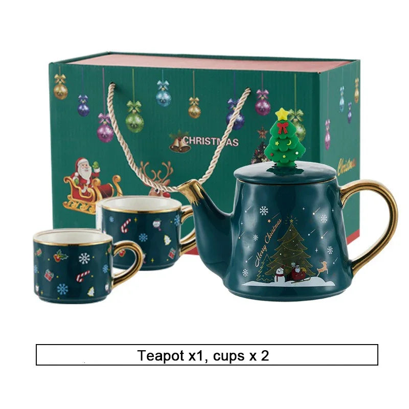 Christmas Ceramics Teaware Sets Coffee Cup & Saucer Santa Claus Elk Snowman Tea Pot and Cup Set Drinkware Xmas Gift 1 Pot 2 Cups