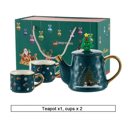 Christmas Ceramics Teaware Sets Coffee Cup & Saucer Santa Claus Elk Snowman Tea Pot and Cup Set Drinkware Xmas Gift 1 Pot 2 Cups