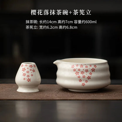 1-8Pcs Matcha sakura Set Japanese Handmade Matcha Teaset Gift Box with Glass Bowl Bamboo Spoon Ceramic Whisk Holder and Sieve
