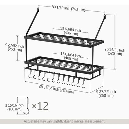 30-Inch Kitchen Pot Rack - Mounted Hanging Rack for Kitchen Storage and Organization - Matte Black 2-Tier Wall Shelf with Guard